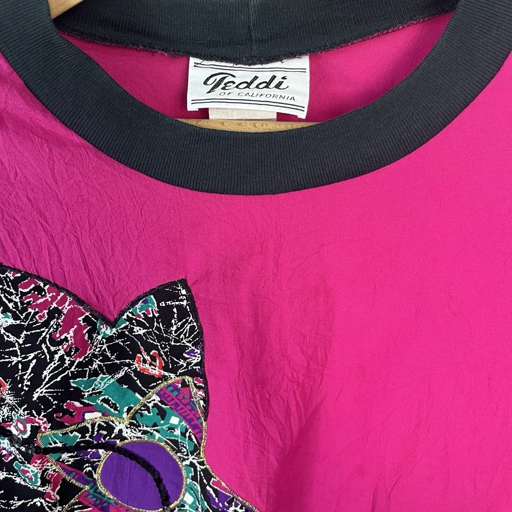 VTG 80s Teddi of California Nylon‎ Embellished Shirt Pink Retro Sz M costume